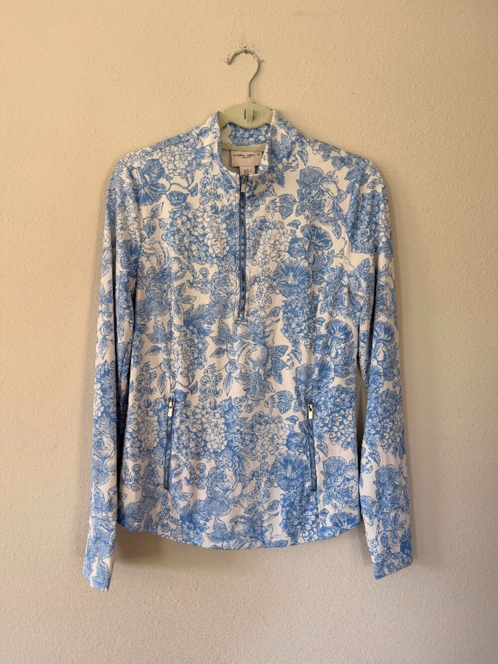 Laura Ashley Blue White Floral Quarter Zip Athleisure Top - Sz M